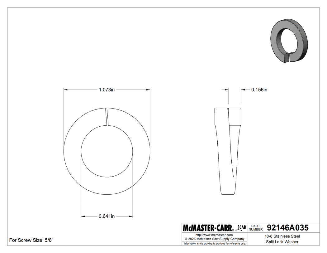 Technical Drawing of 18-8 Stainless Steel Split Lock Washer, for 5/8" Screw Size, 0.641" ID, 1.073" OD.